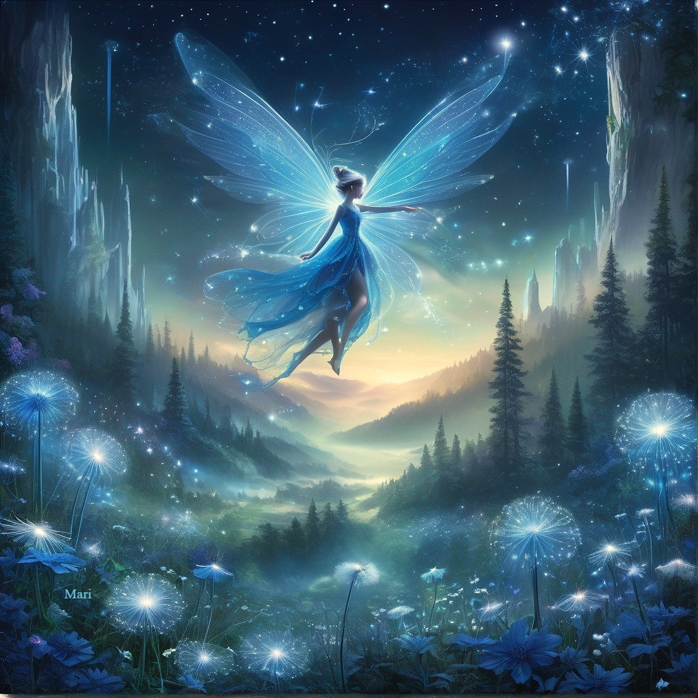 Mystical Fairy Over Twilight Valley with Flowers