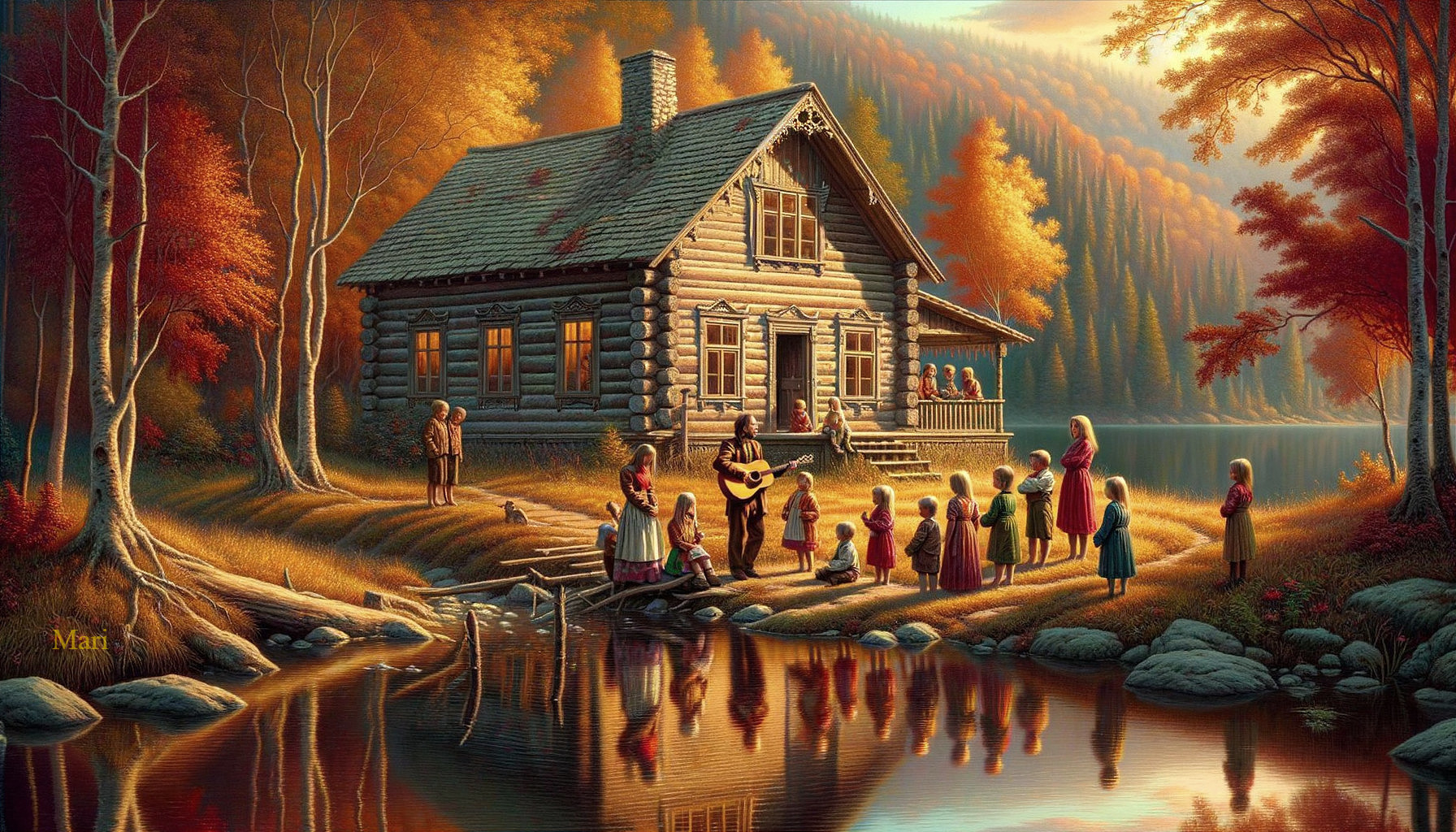 Autumn Scene with Cabin, Lake, and Children Gathering