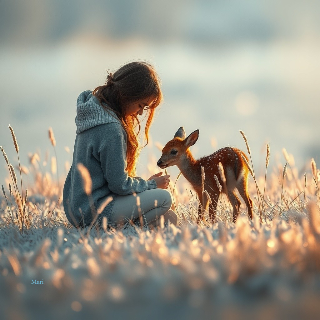 Sunlit Meadow with Girl and Curious Fawn