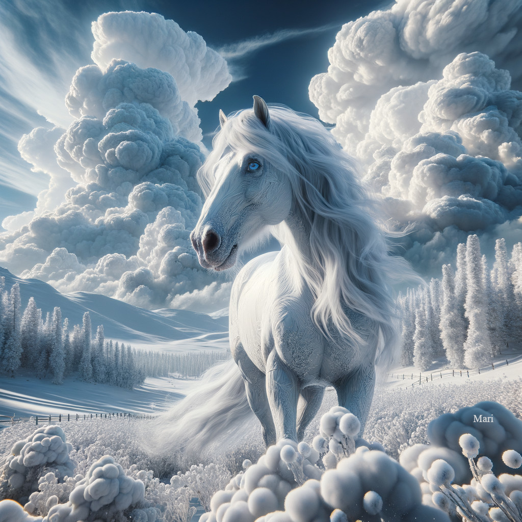 White Horse in Snowy Landscape with Pine Forest and Clouds