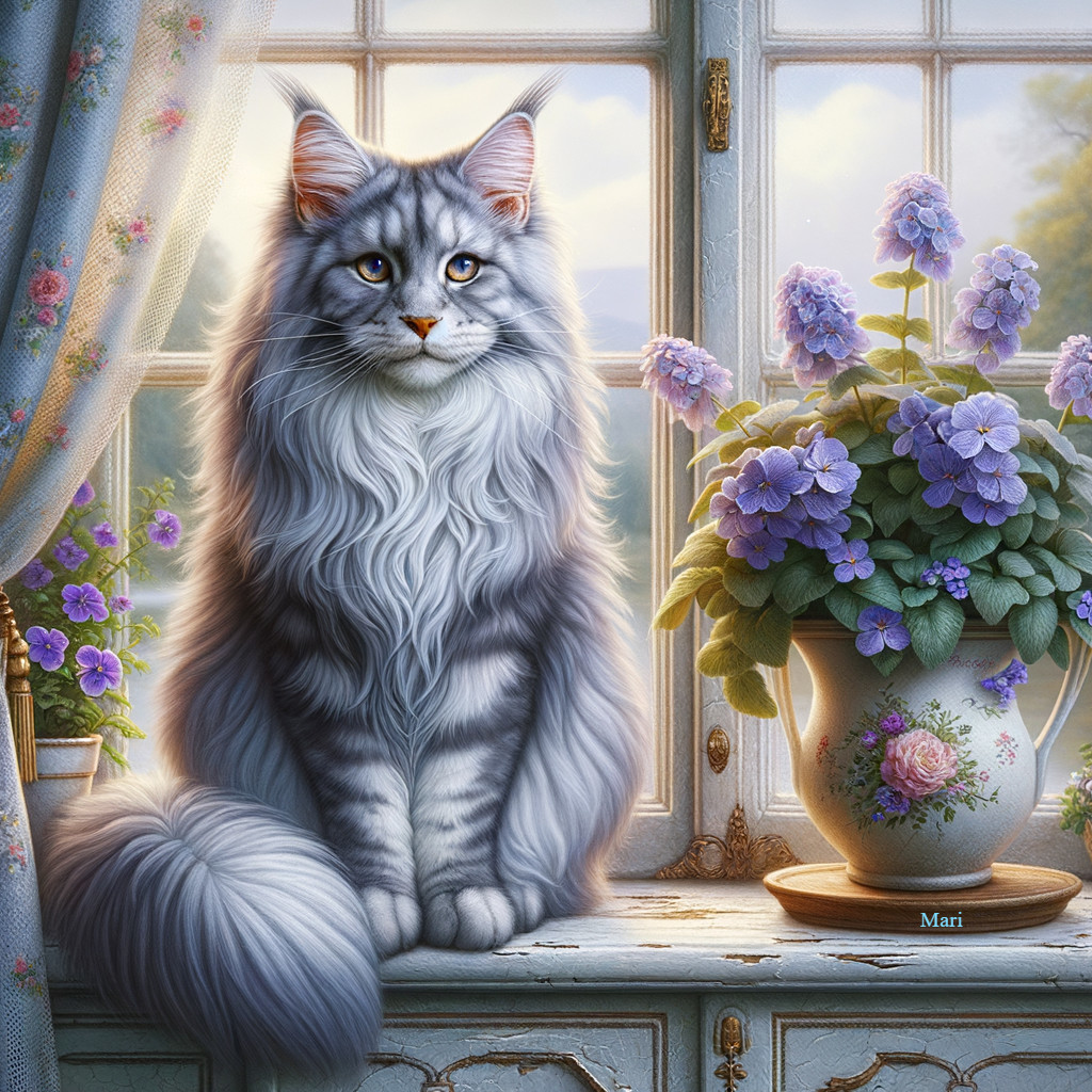 Silver Maine Coon Cat on Windowsill with Violets