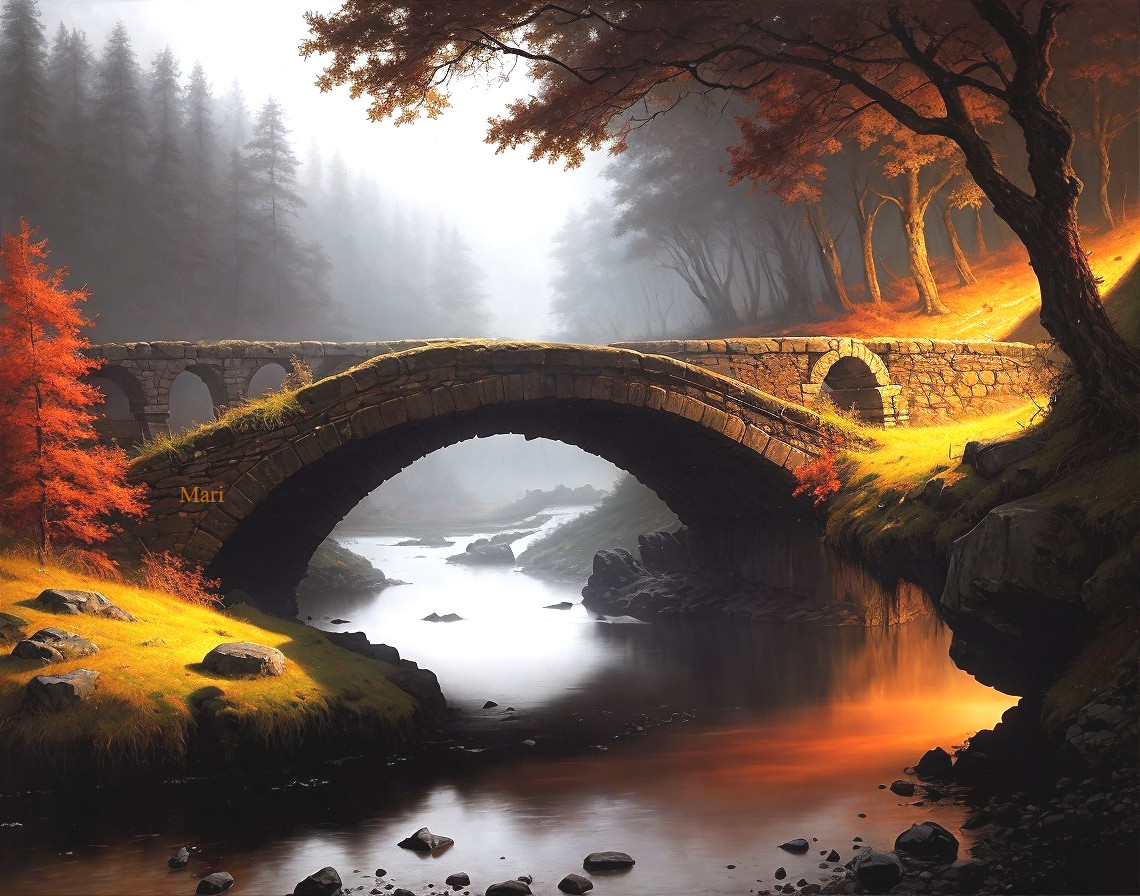 Stone Bridge Over River with Autumn Foliage Reflections