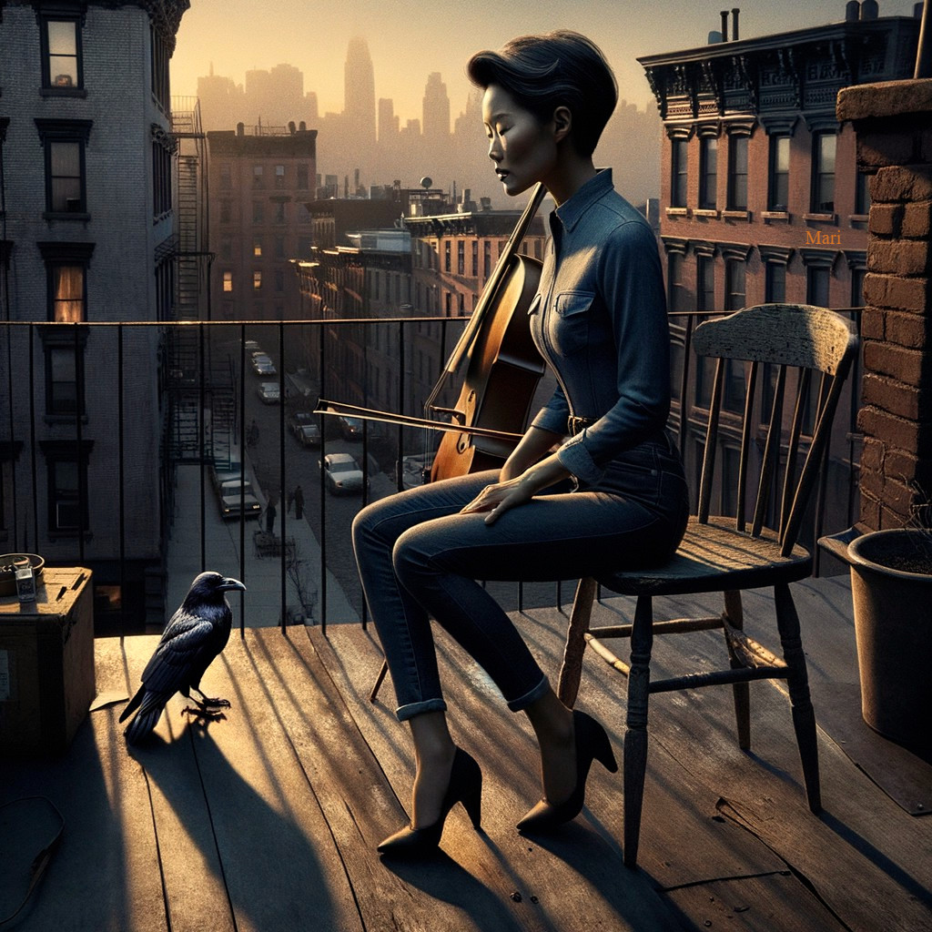 Rooftop Scene with Violinist and City Skyline at Dusk