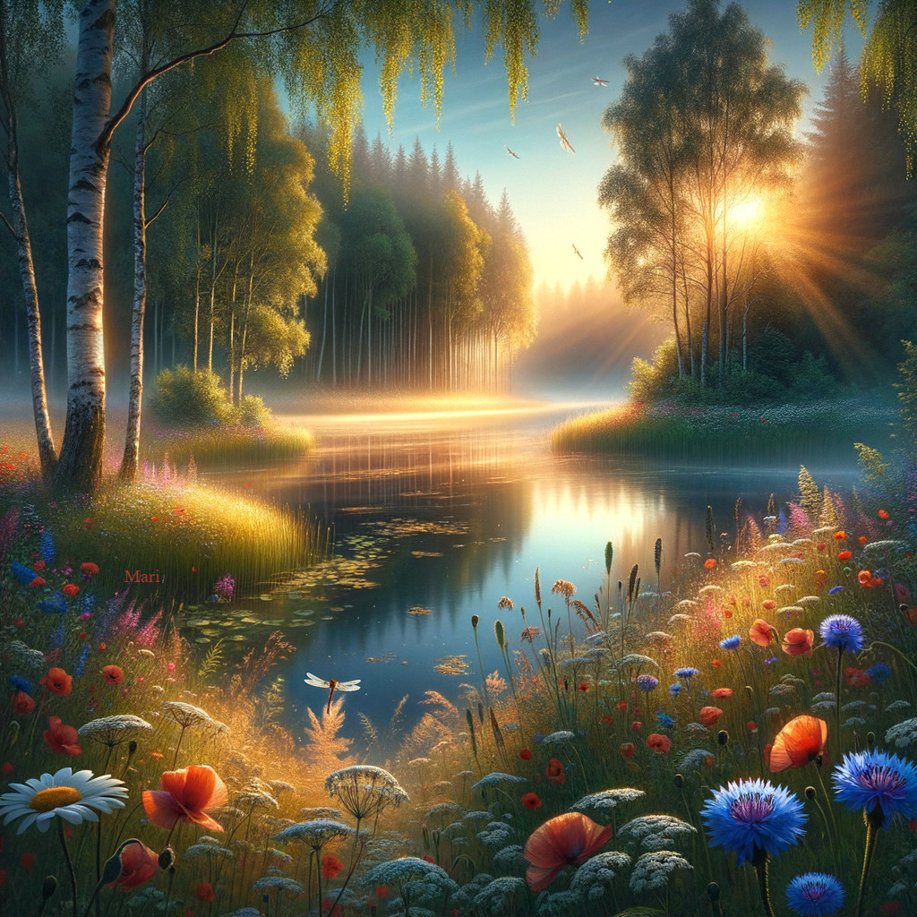 Tranquil River Landscape at Sunrise with Wildflowers