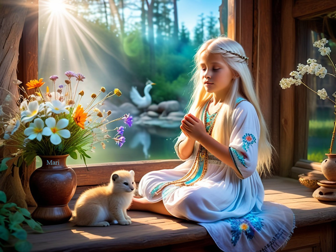Young Girl in White Dress with Kitten in Wooden Room
