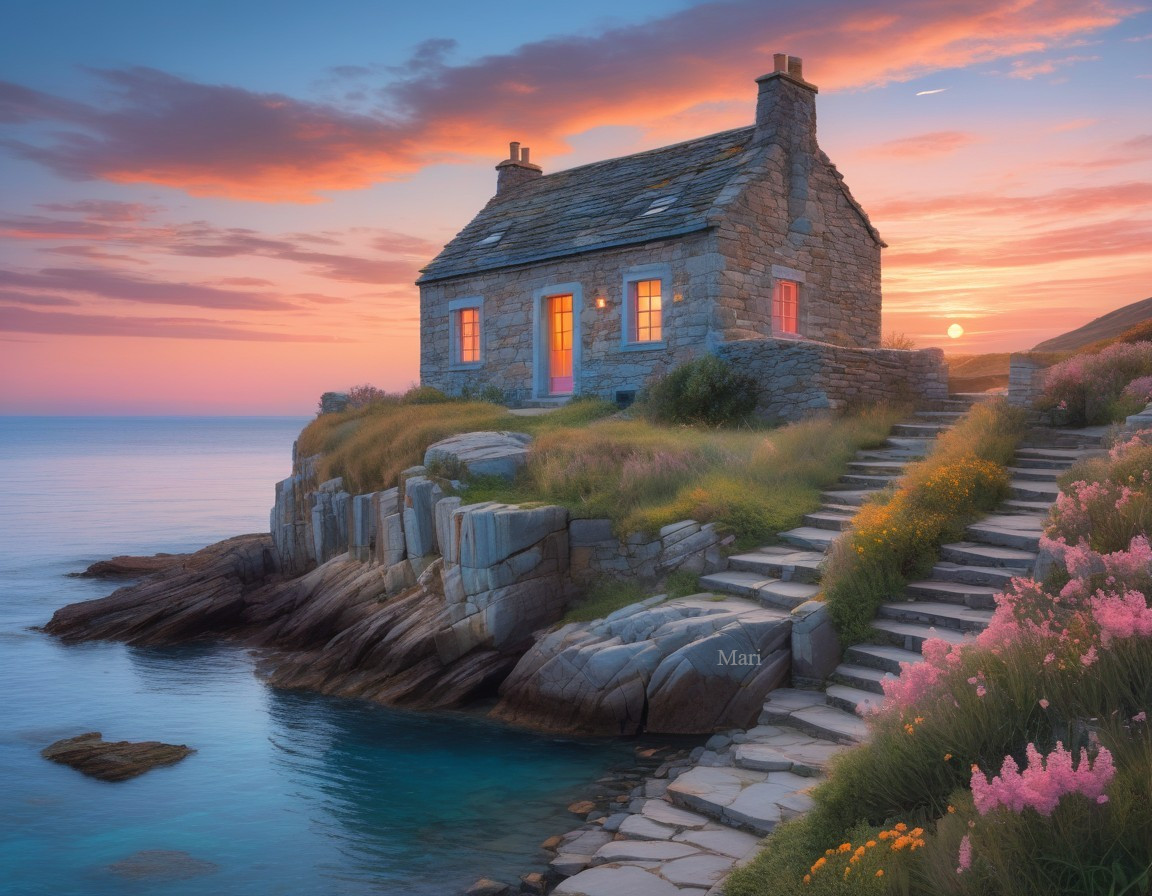 Seaside Stone Cottage with Sunset and Wildflowers