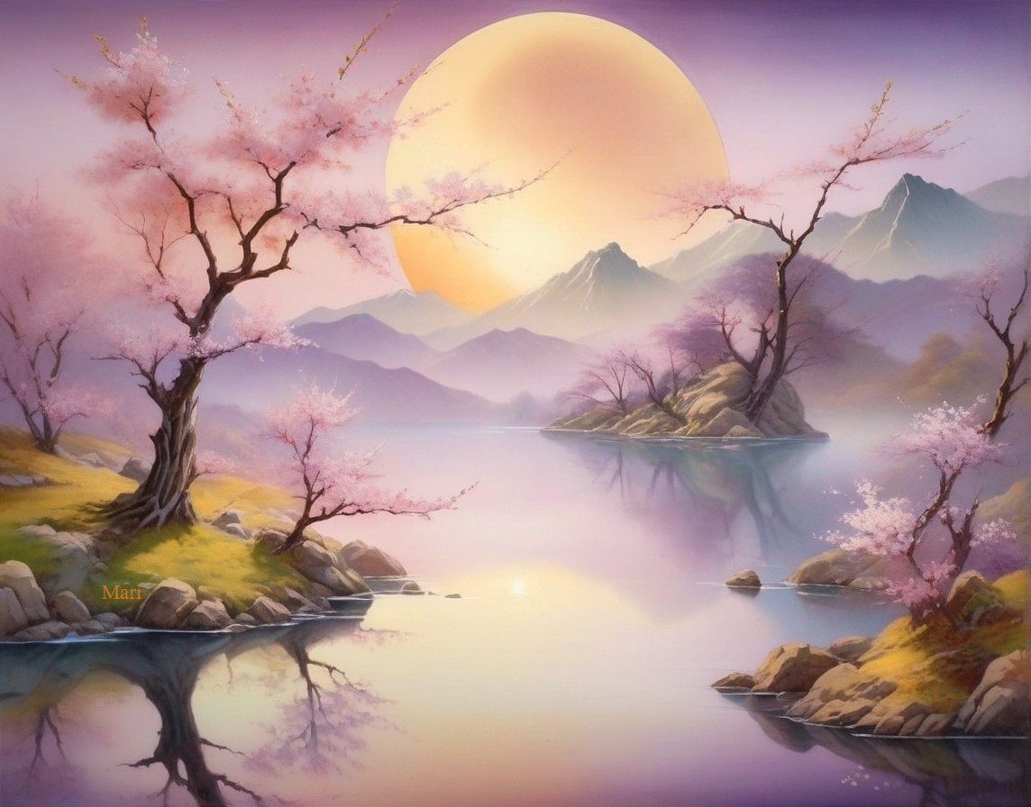 Serene Landscape with Mountains and Cherry Blossoms