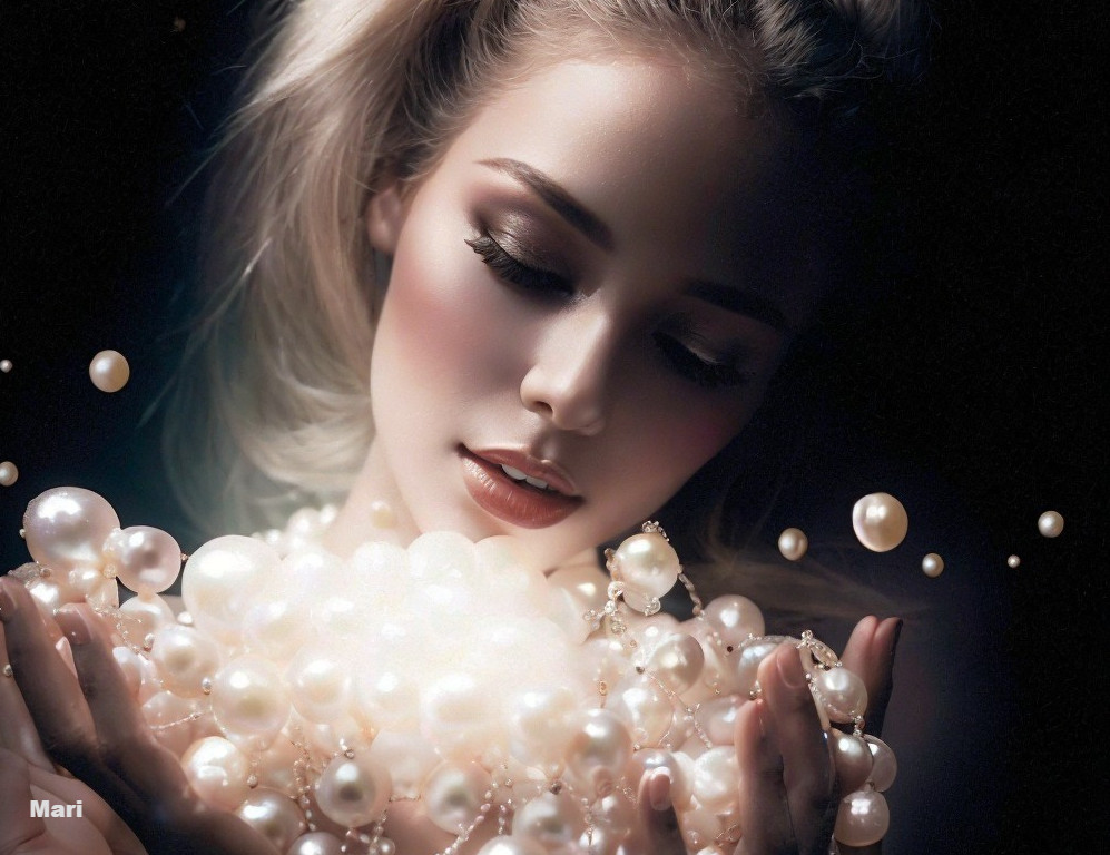 Close-up Portrait of a Woman with Pearls and Soft Makeup