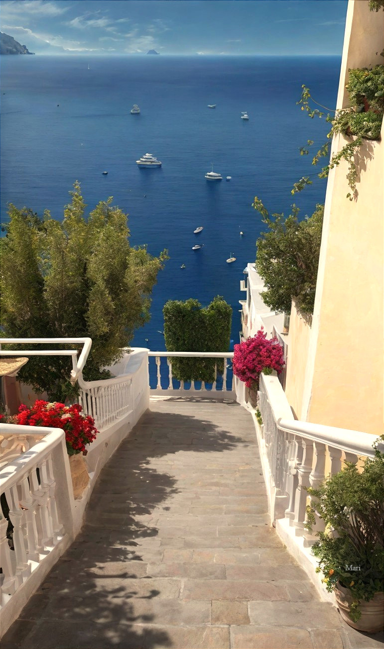 Charming Coastal Staircase with Vibrant Flowers and Sea