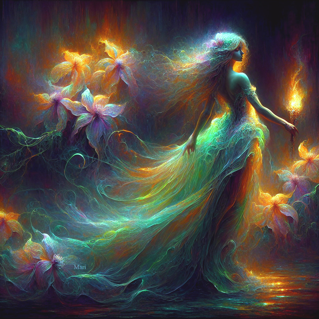 Luminous Figure in Dreamlike Landscape with Flowers