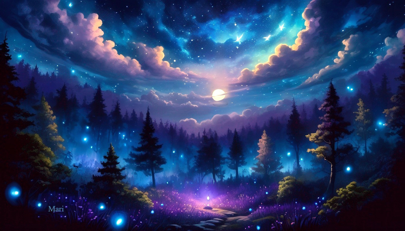 Mystical Night Forest with Glowing Lights and Stars