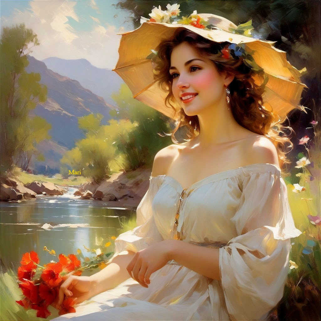 Young Woman in White Dress by a Tranquil River