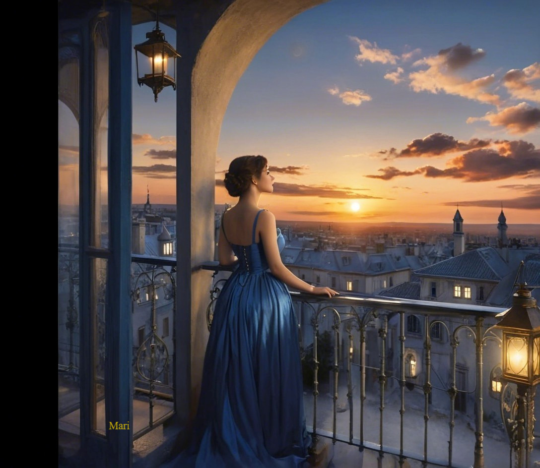 Woman in Blue Dress on Balcony at Sunset