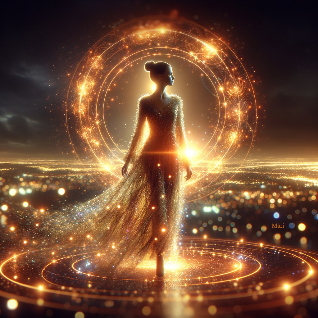 Elegant figure in sparkly gown with cosmic backdrop