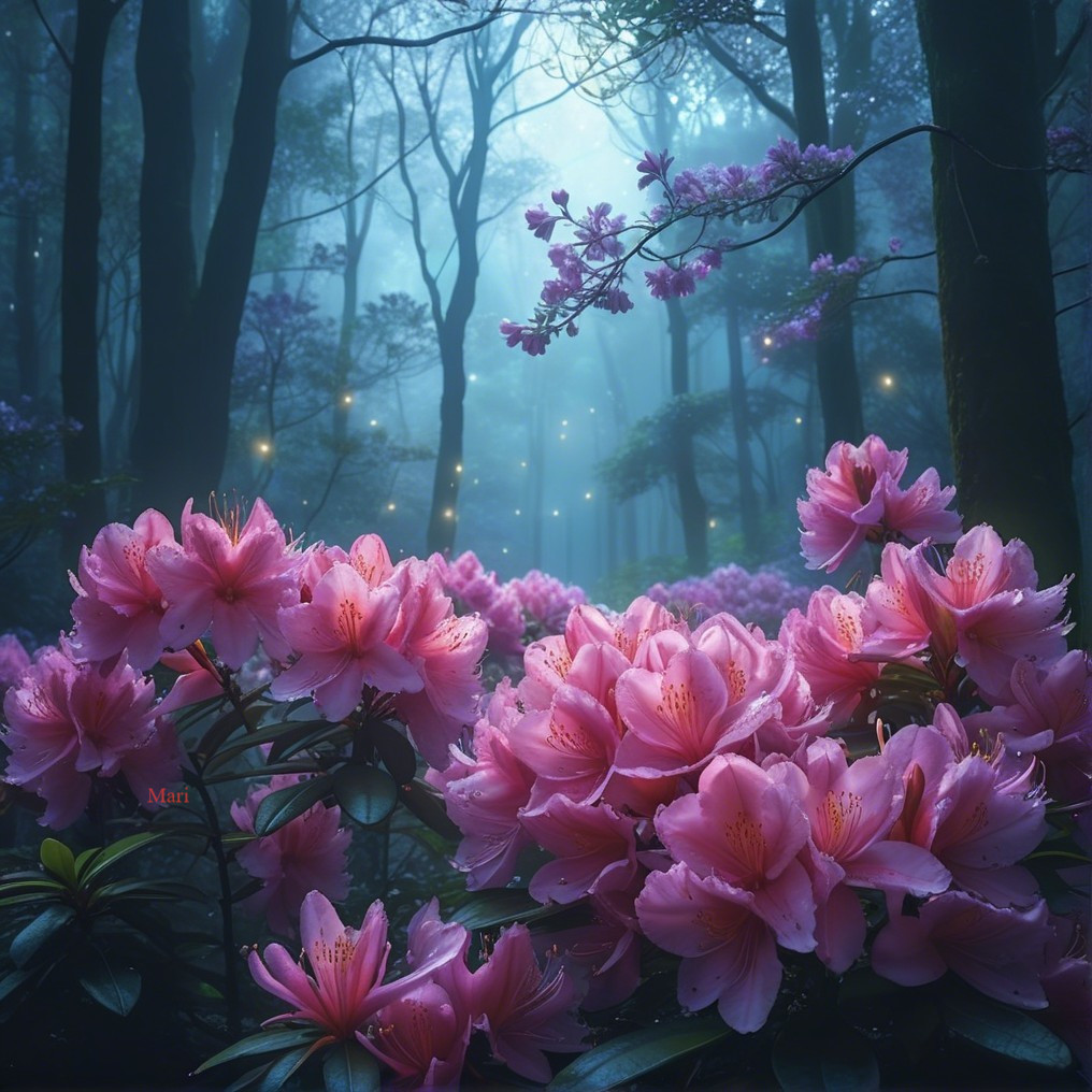 Serene forest scene with blooming pink azaleas and mist