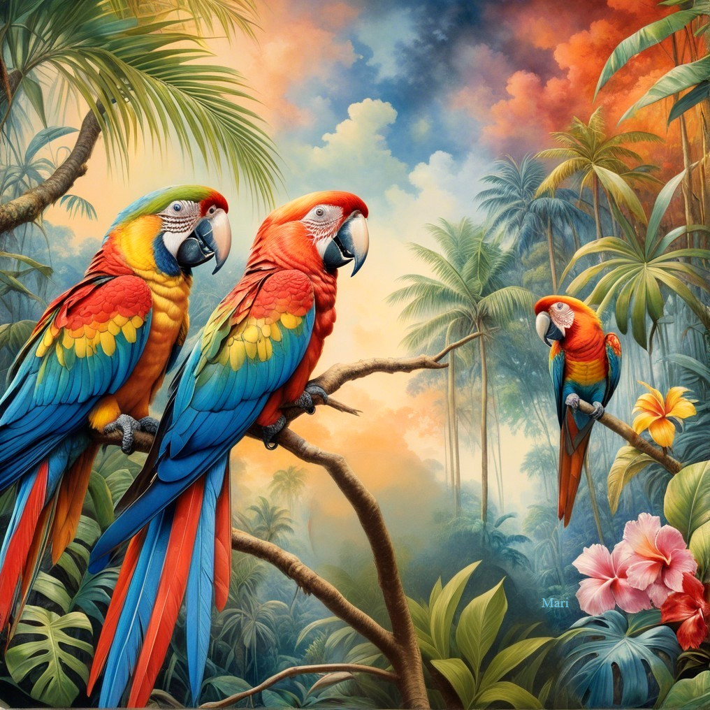 Vibrant Tropical Scene with Colorful Macaws and Palms