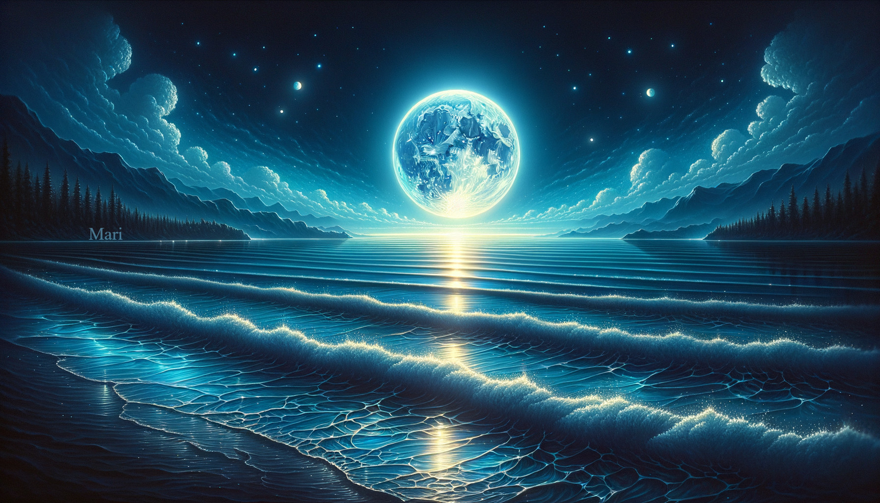 Digital Artwork of Moon Over Lake and Mountains
