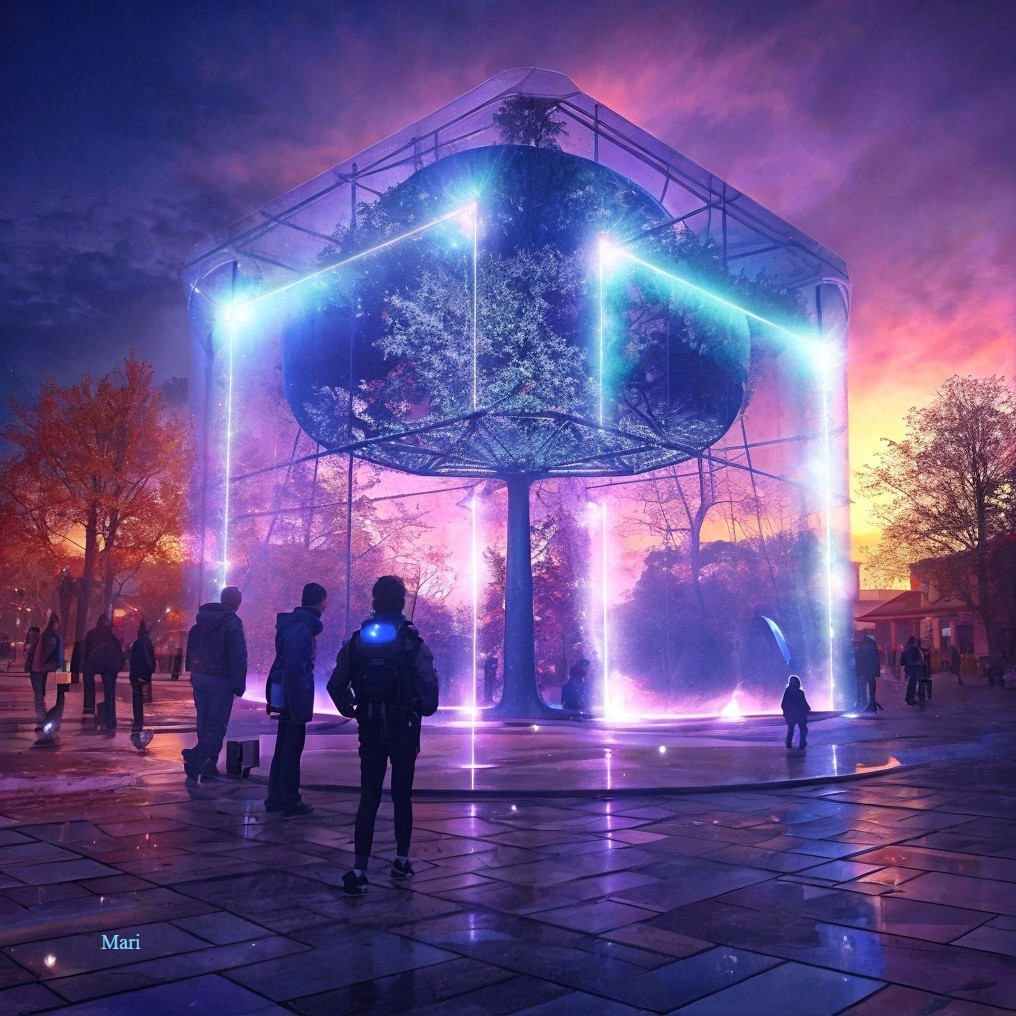 Futuristic installation with glowing tree and sunset backdrop