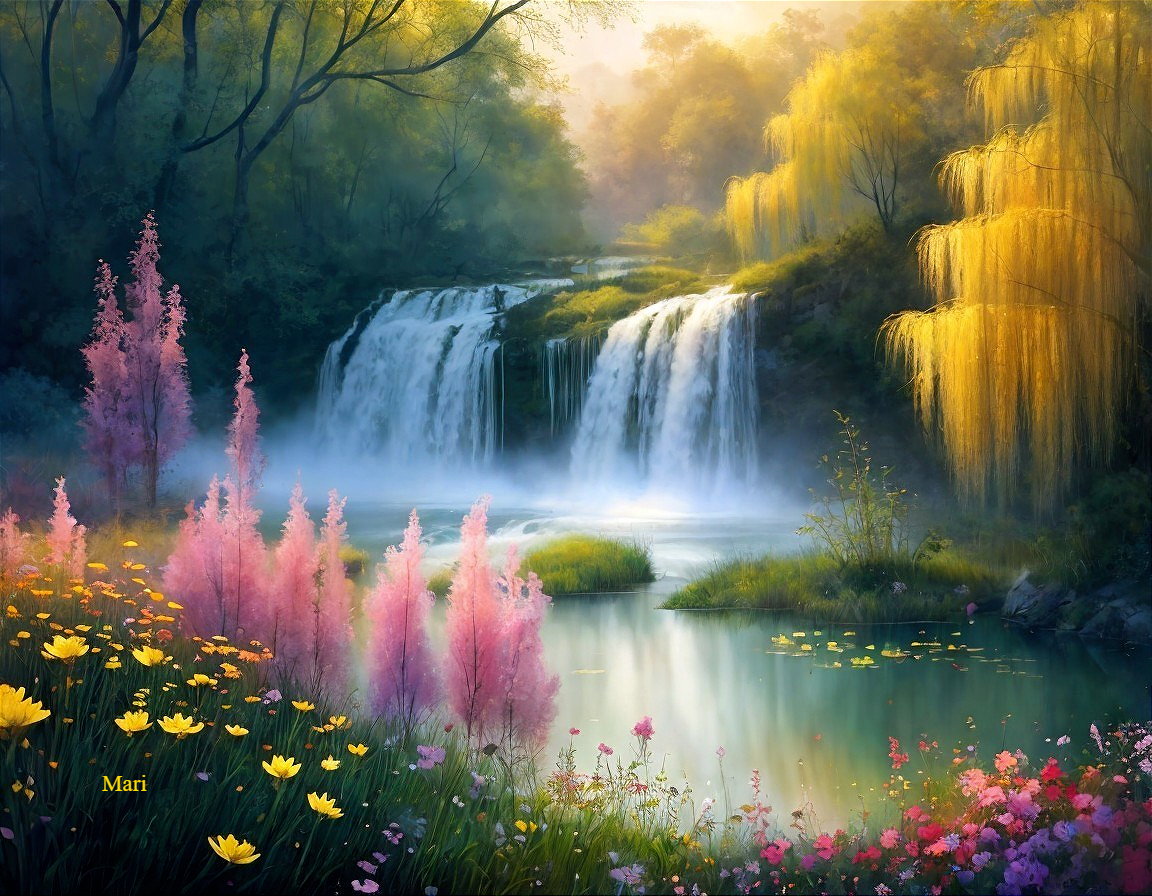 Waterfall Cascading into Pond Surrounded by Flowers