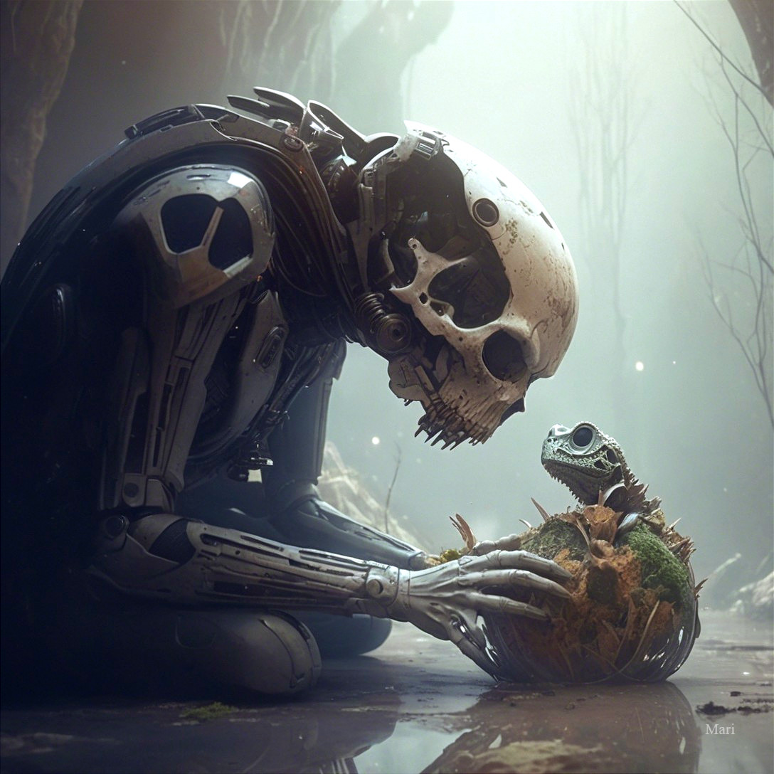 Humanoid Robot Cradles Creature in Mystical Forest