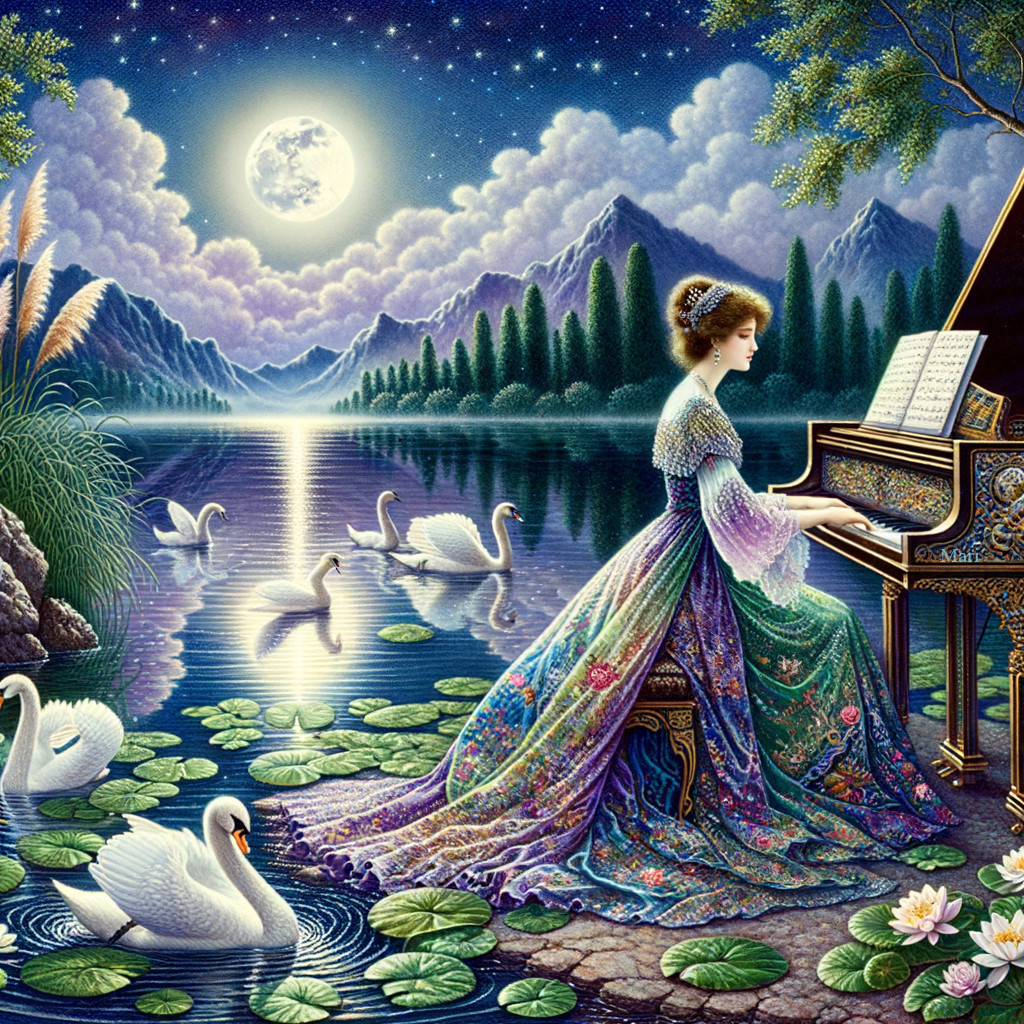 Woman in ornate gown playing piano by serene lake