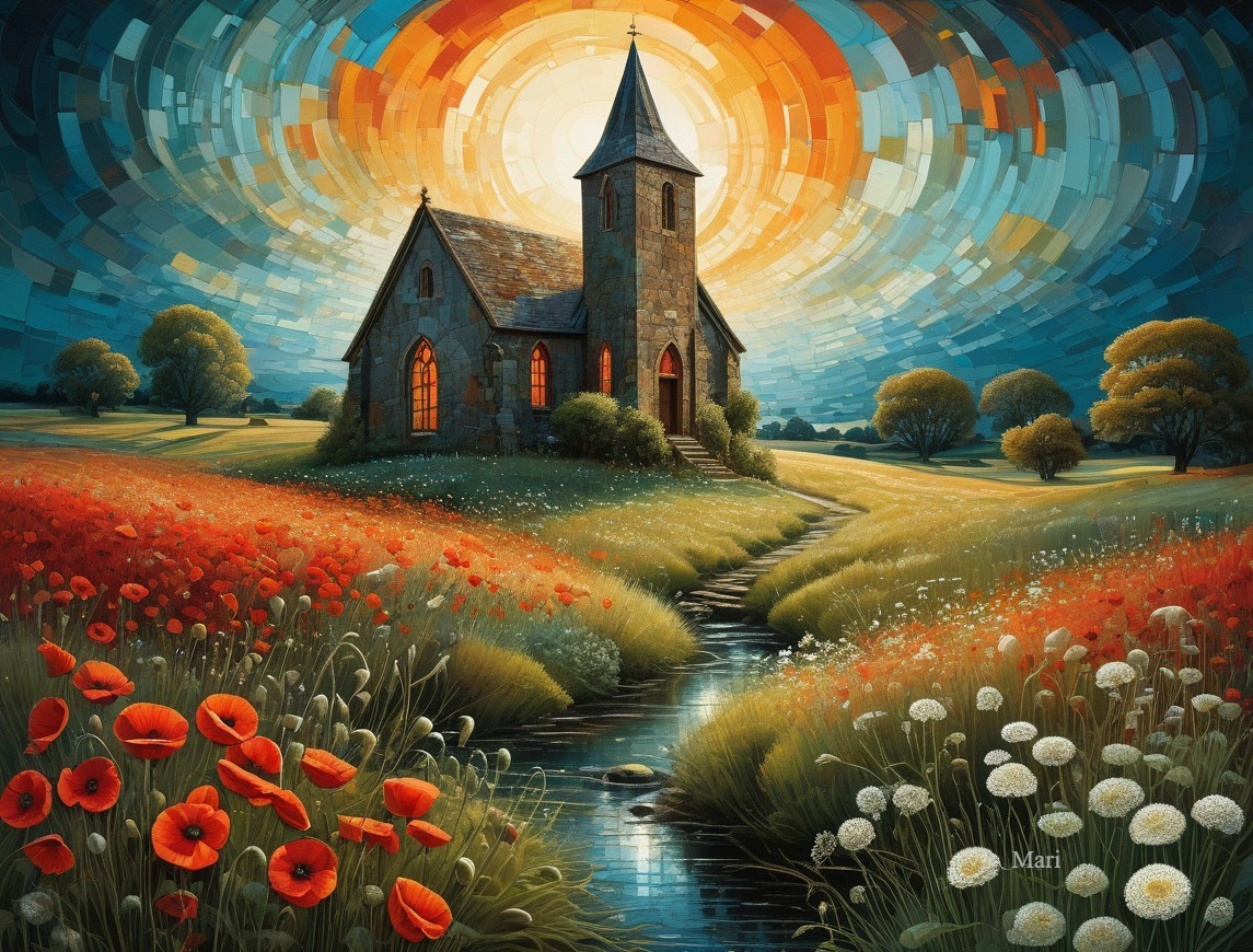 Stone Church in a Vibrant Meadow with Flowers and Stream