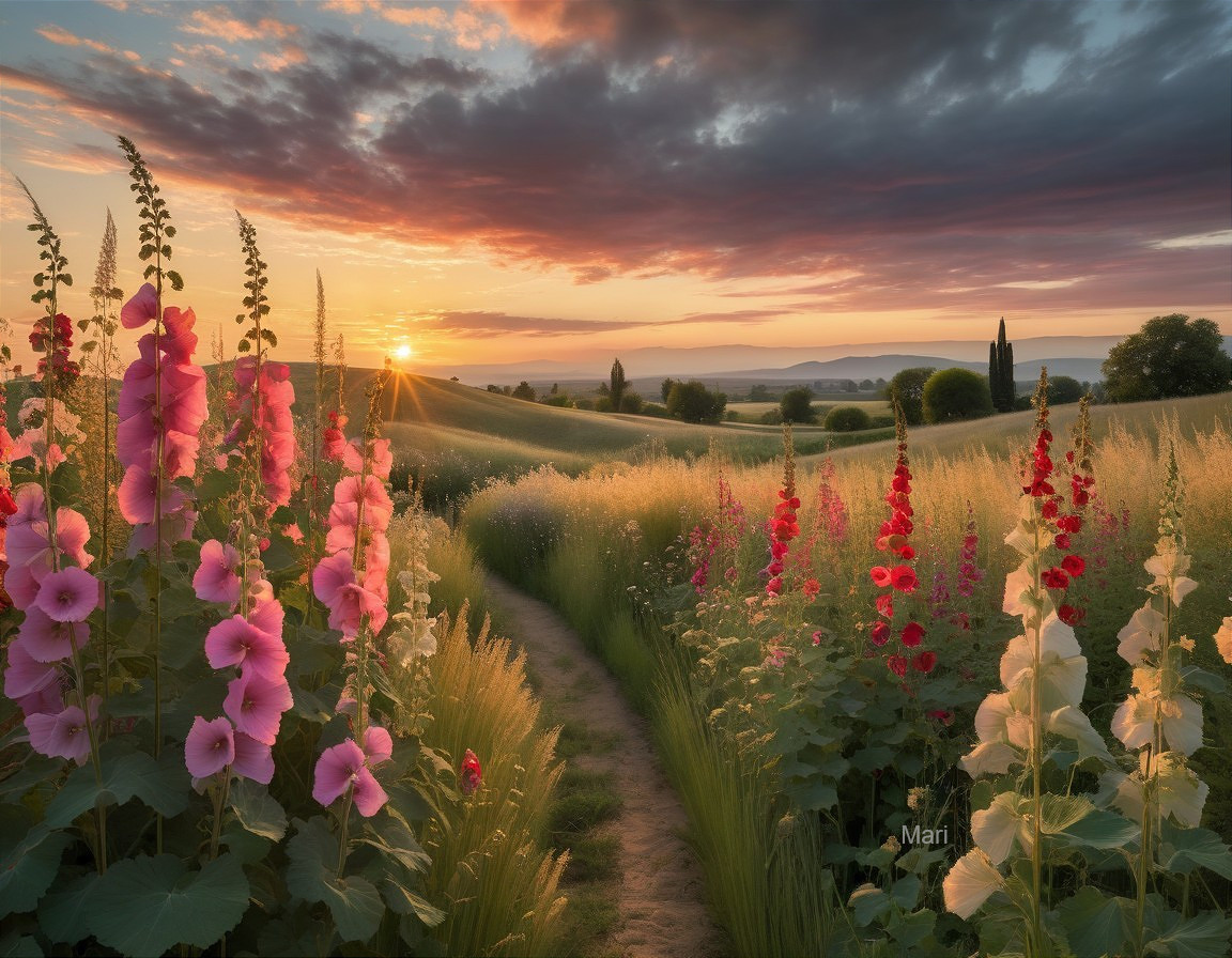 Winding Path Through Vibrant Flower Fields at Sunset