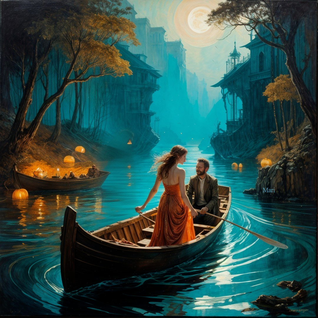 Couple in Wooden Boat on Moonlit Tranquil River
