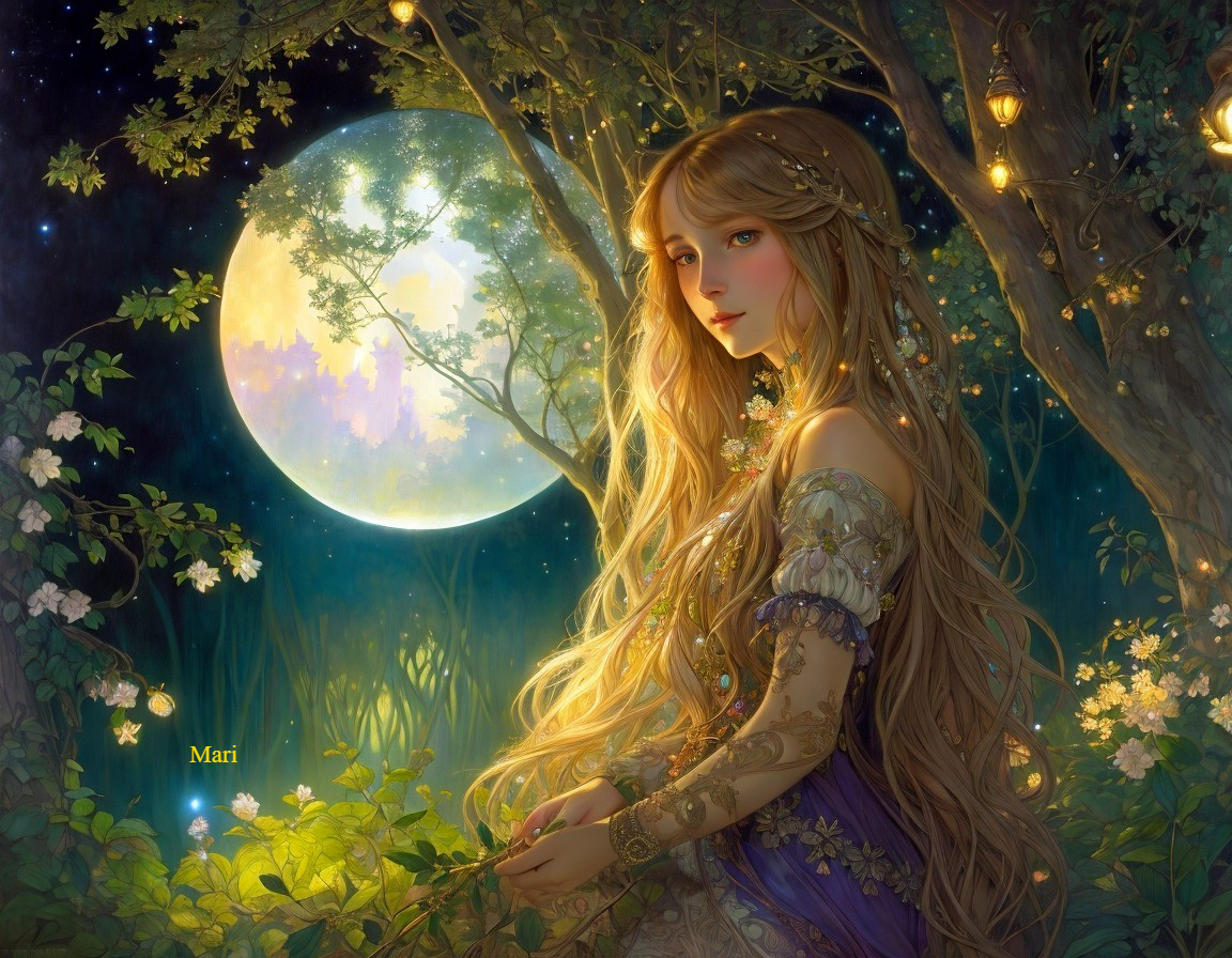 Woman in Ethereal Garments in Moonlit Garden