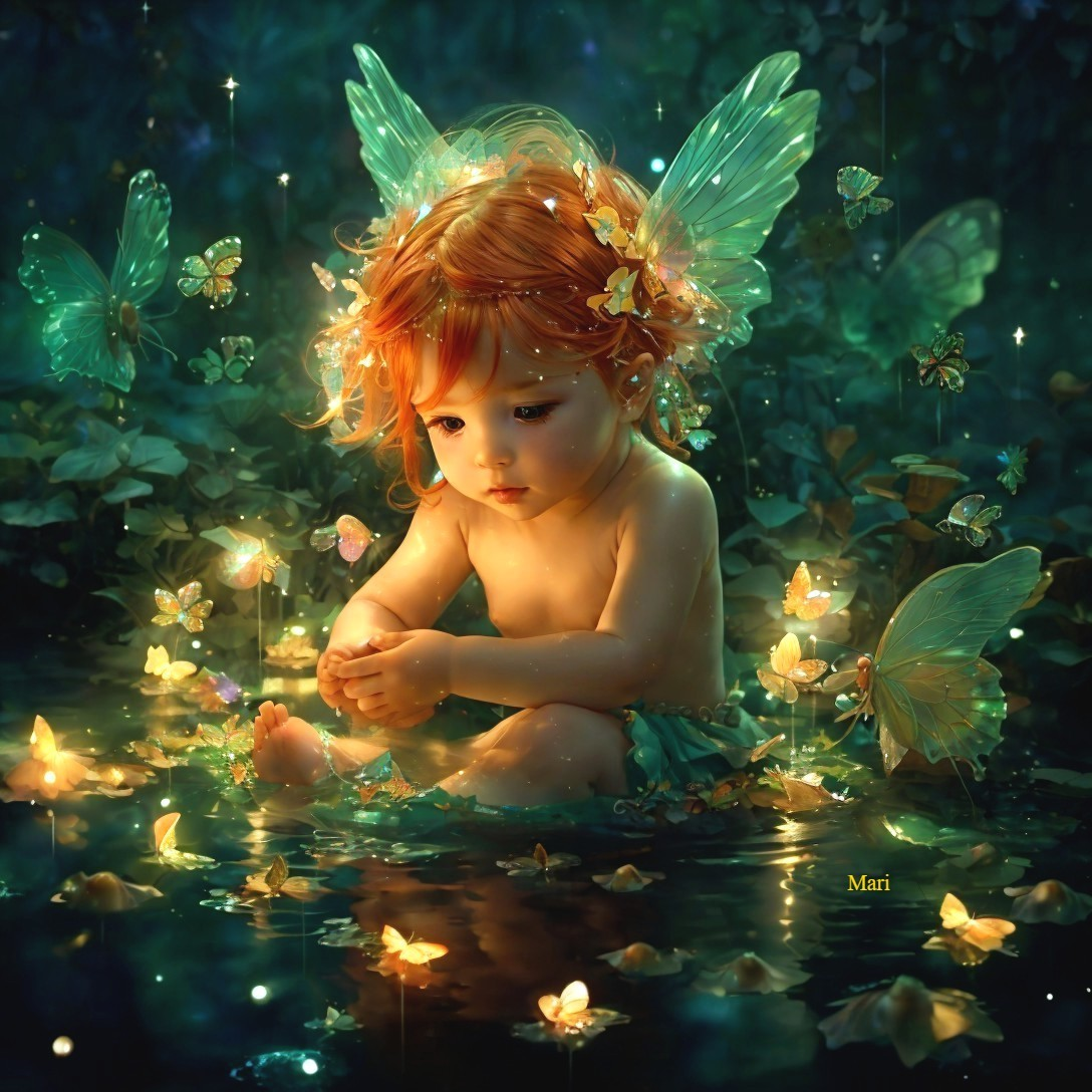 Whimsical Fairy Illustration in Moonlit Pond Setting