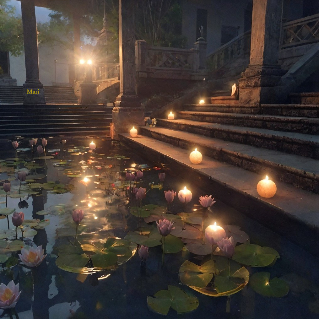 Twilight Water Garden with Lotus Flowers and Candles