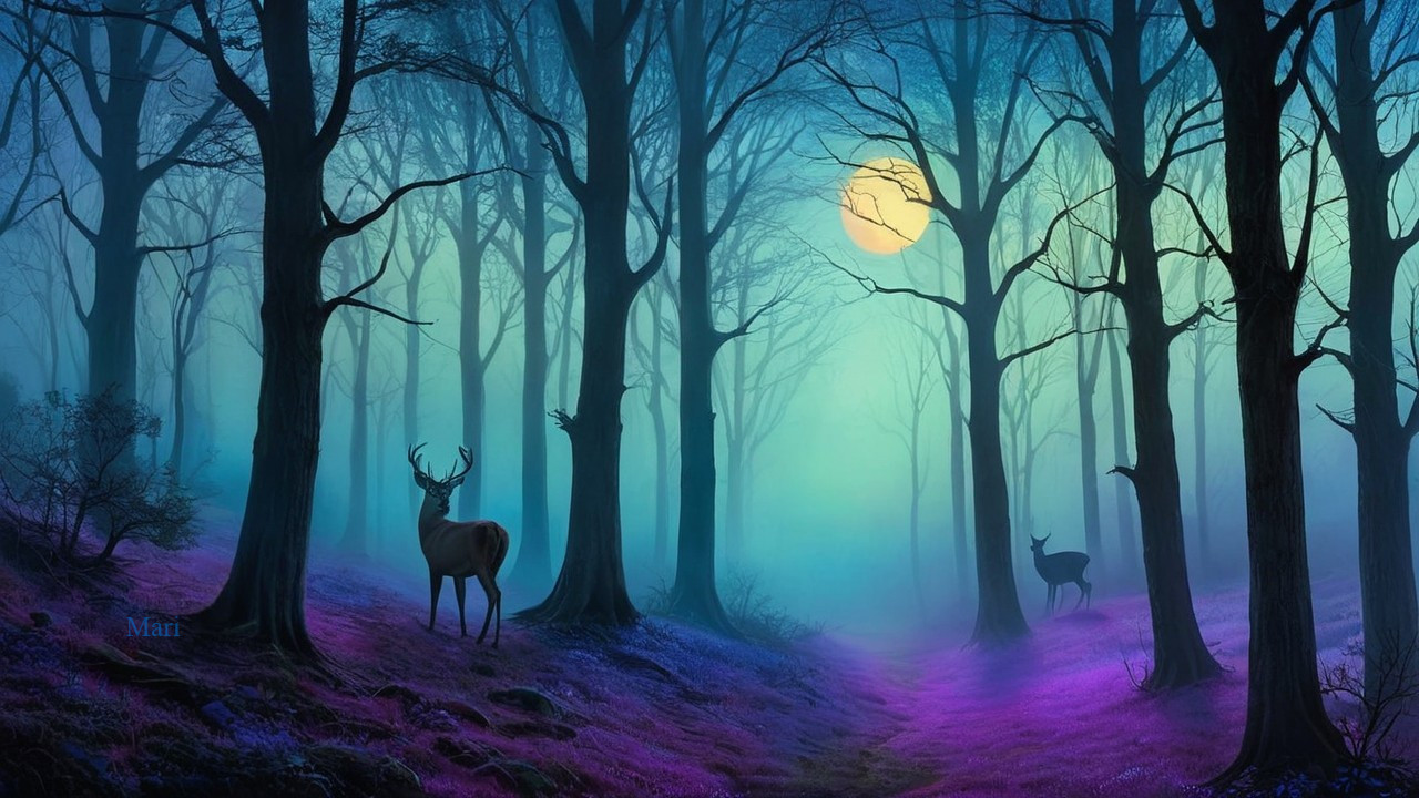 Mystical Forest with Deer Under a Full Moon