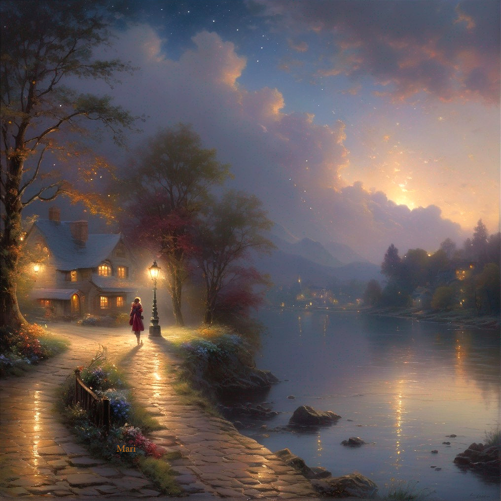 Twilight Scene of Cottage by Calm Lake and Flowers