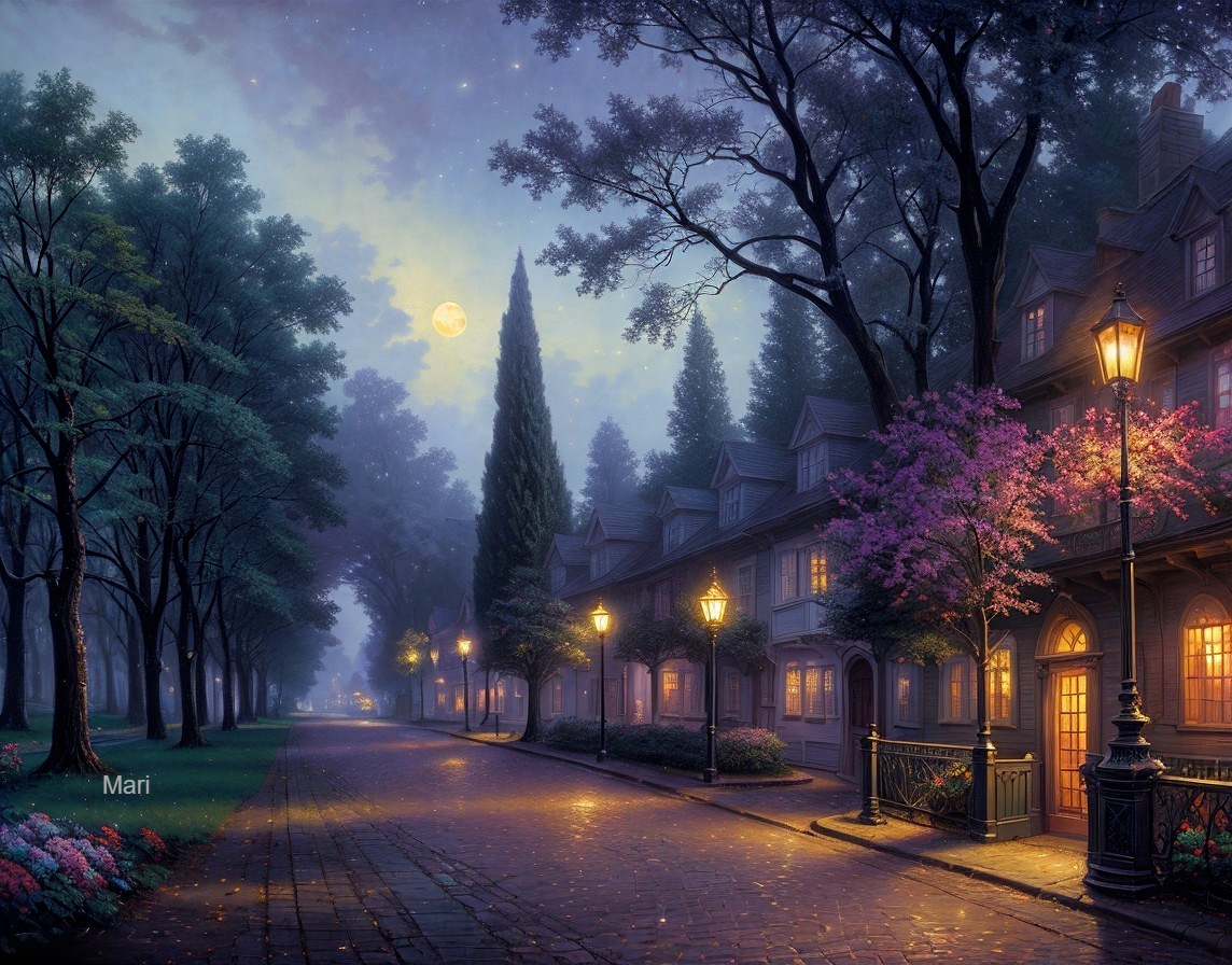 Nighttime Street Scene with Streetlamps and Moonlight