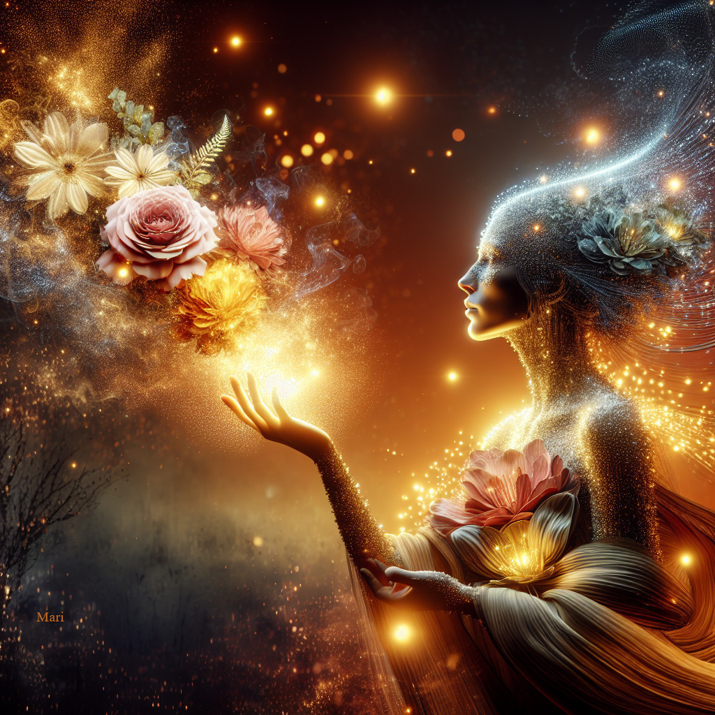 Mystical Figure with Flowers and Sparkling Light