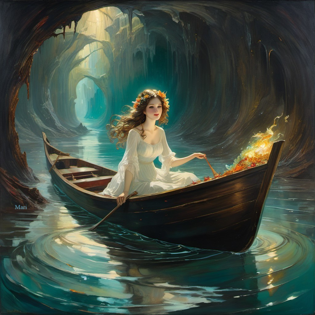 Young Woman in White Dress in Mystical Cave Boat