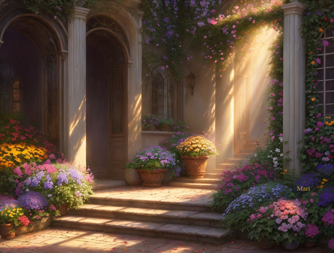 Serene courtyard with vibrant flowers and soft lighting
