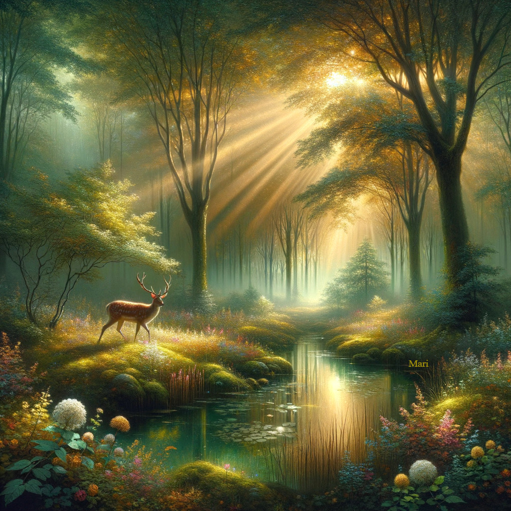 Tranquil Forest Scene with Deer and Creek