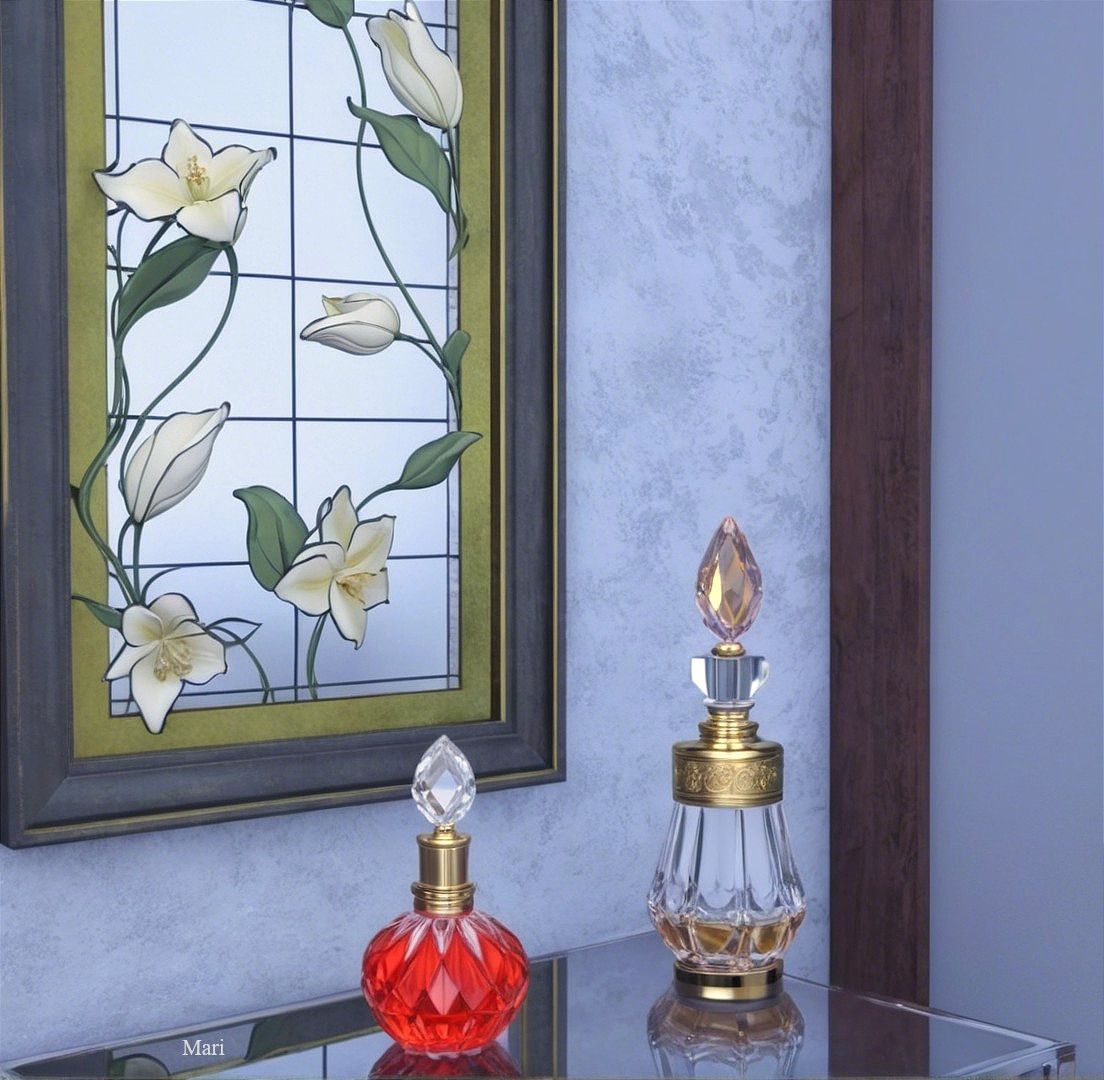 Stained Glass Panel with Lilies and Elegant Perfume Bottles