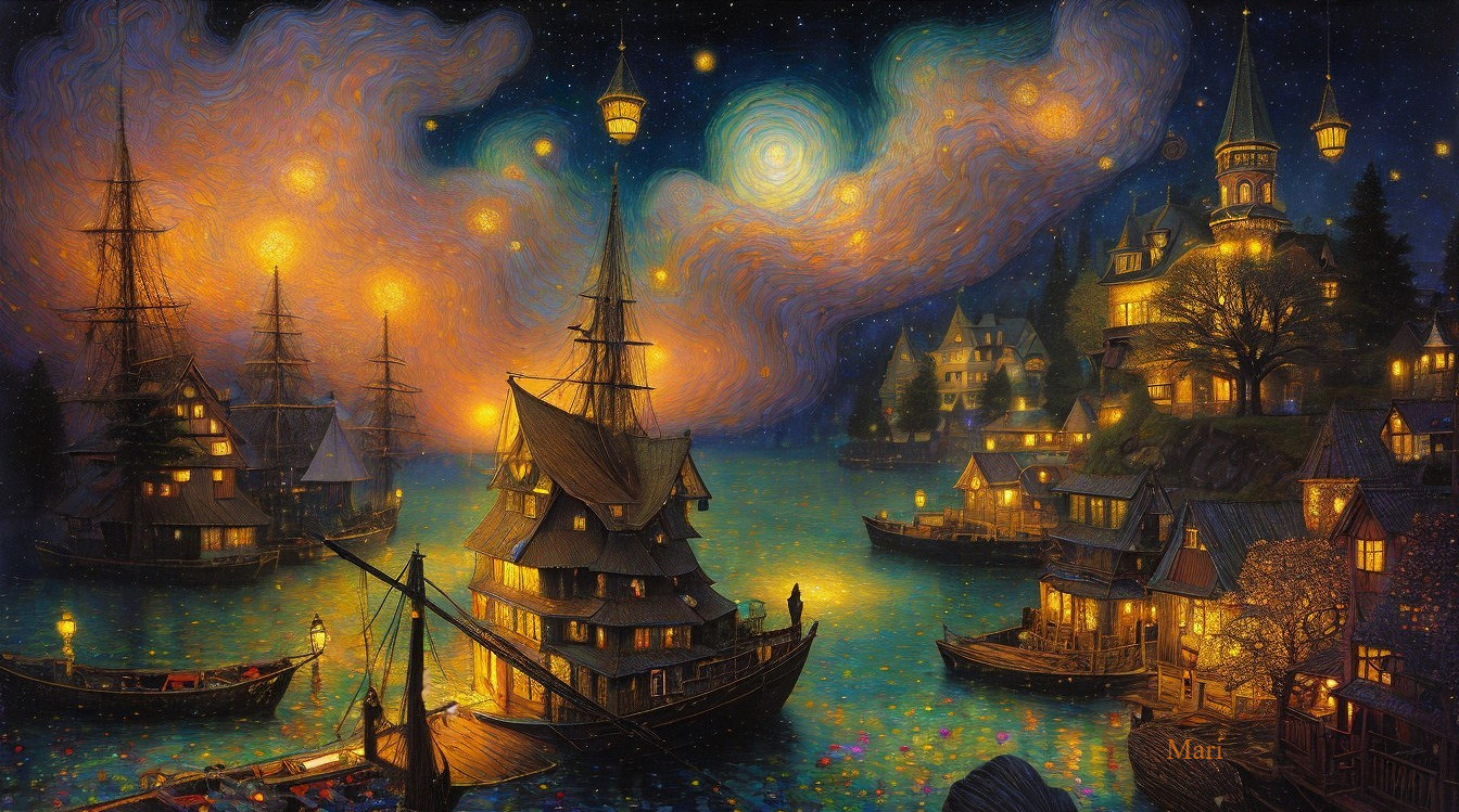 Dreamy Night Scene of Illuminated Ships in Harbor