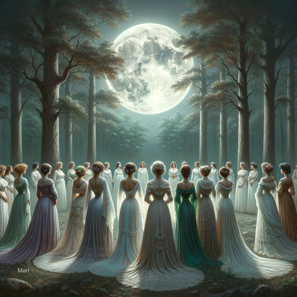 Elegant Women in Gowns Gather Under Full Moon