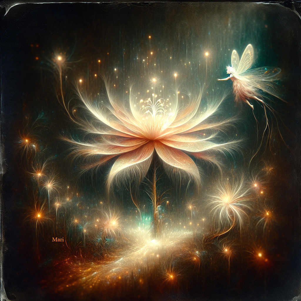 Whimsical Scene with Oversized Flower and Fairy