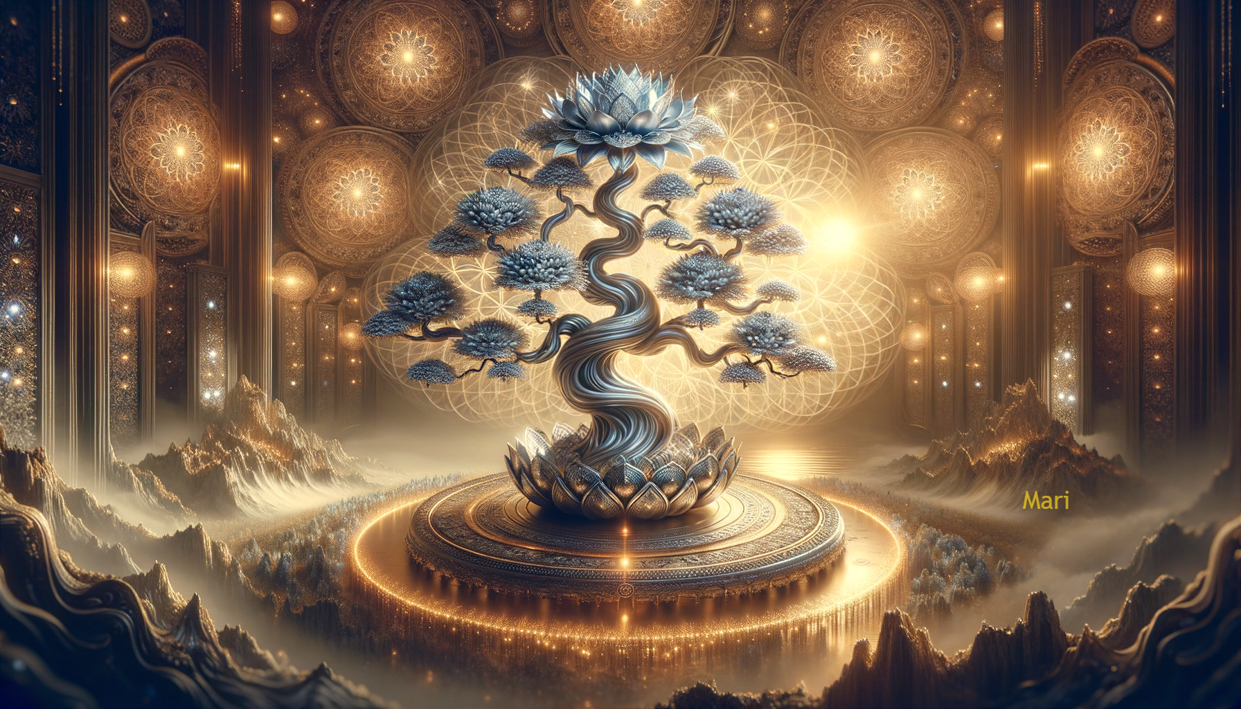 Mystical Tree with Blue Leaves on Golden Platform