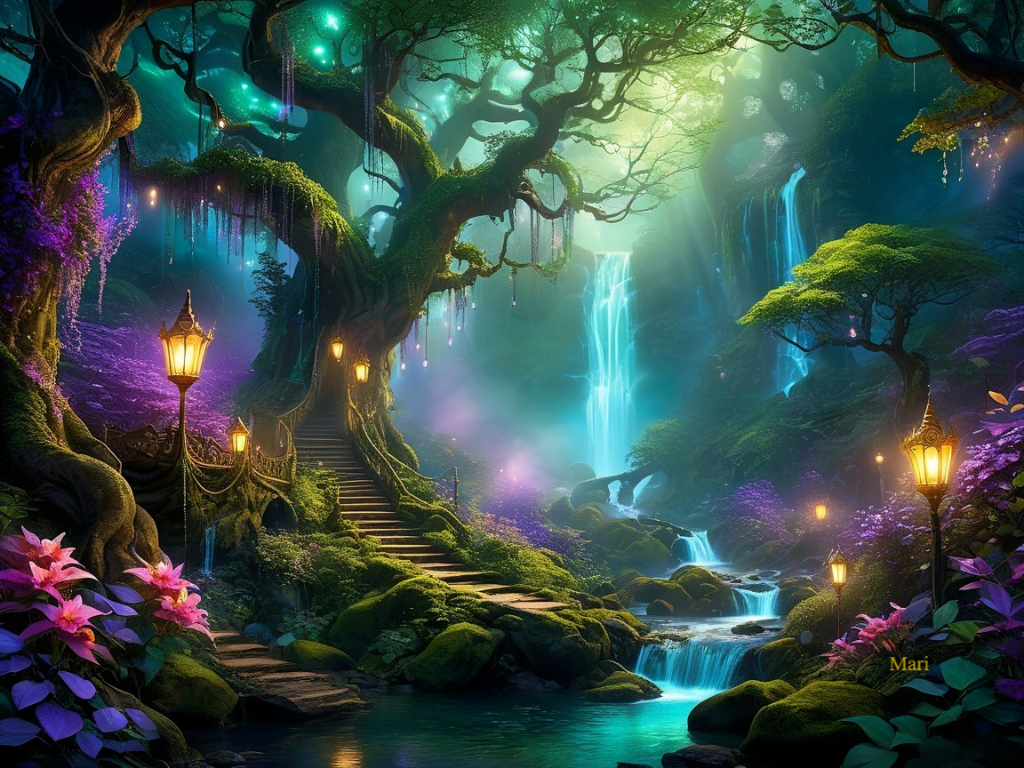 Magical forest scene with colorful lights and waterfalls