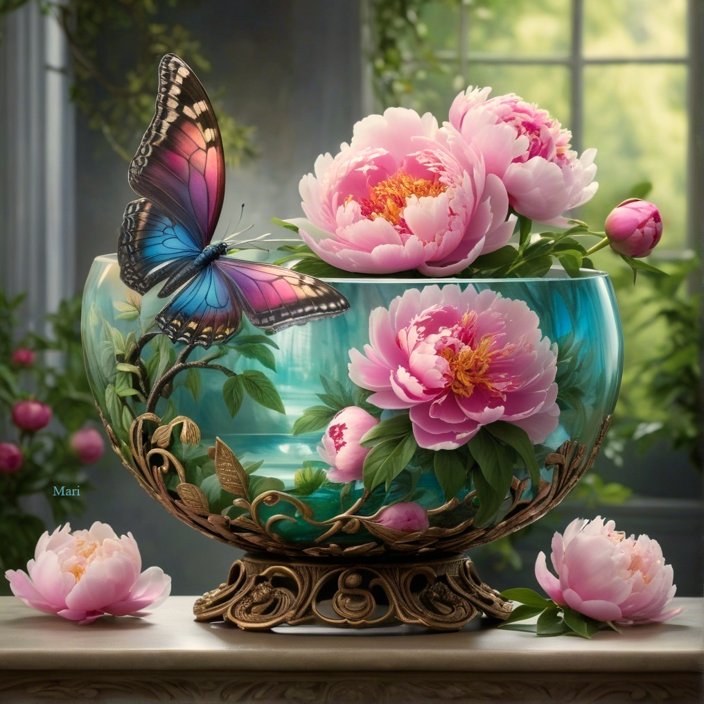 Ornate glass bowl with pink peonies and blue butterfly
