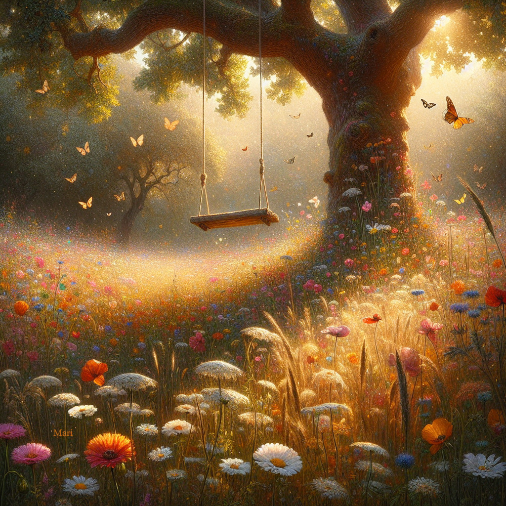 Serene scene with a tree, swing, and wildflowers