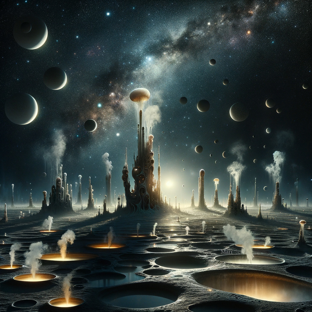 Surreal Alien Landscape with Spires and Cosmic Elements