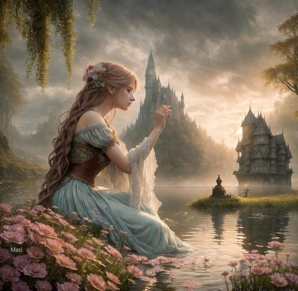 Medieval Woman by Misty Lake with Fairytale Castles