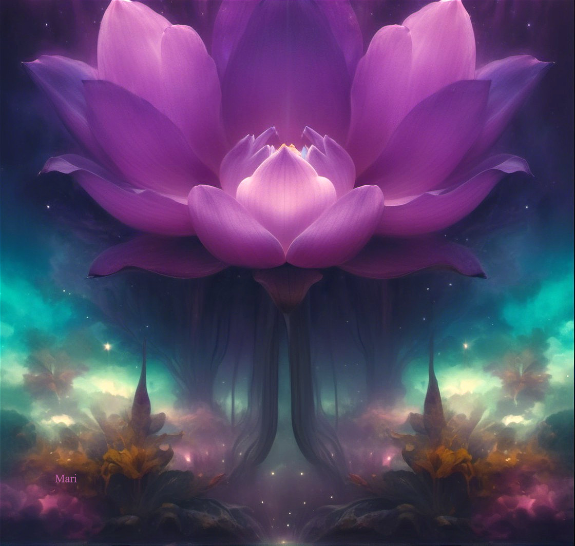 Vibrant Purple Lotus in Ethereal Landscape Art