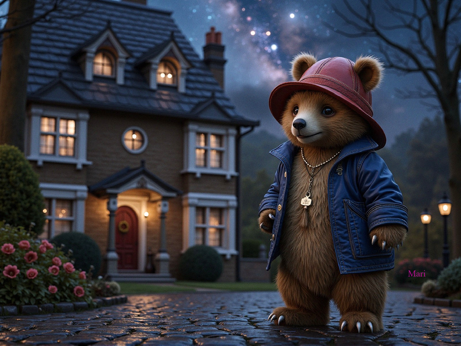 Charming bear by whimsical house under starry sky